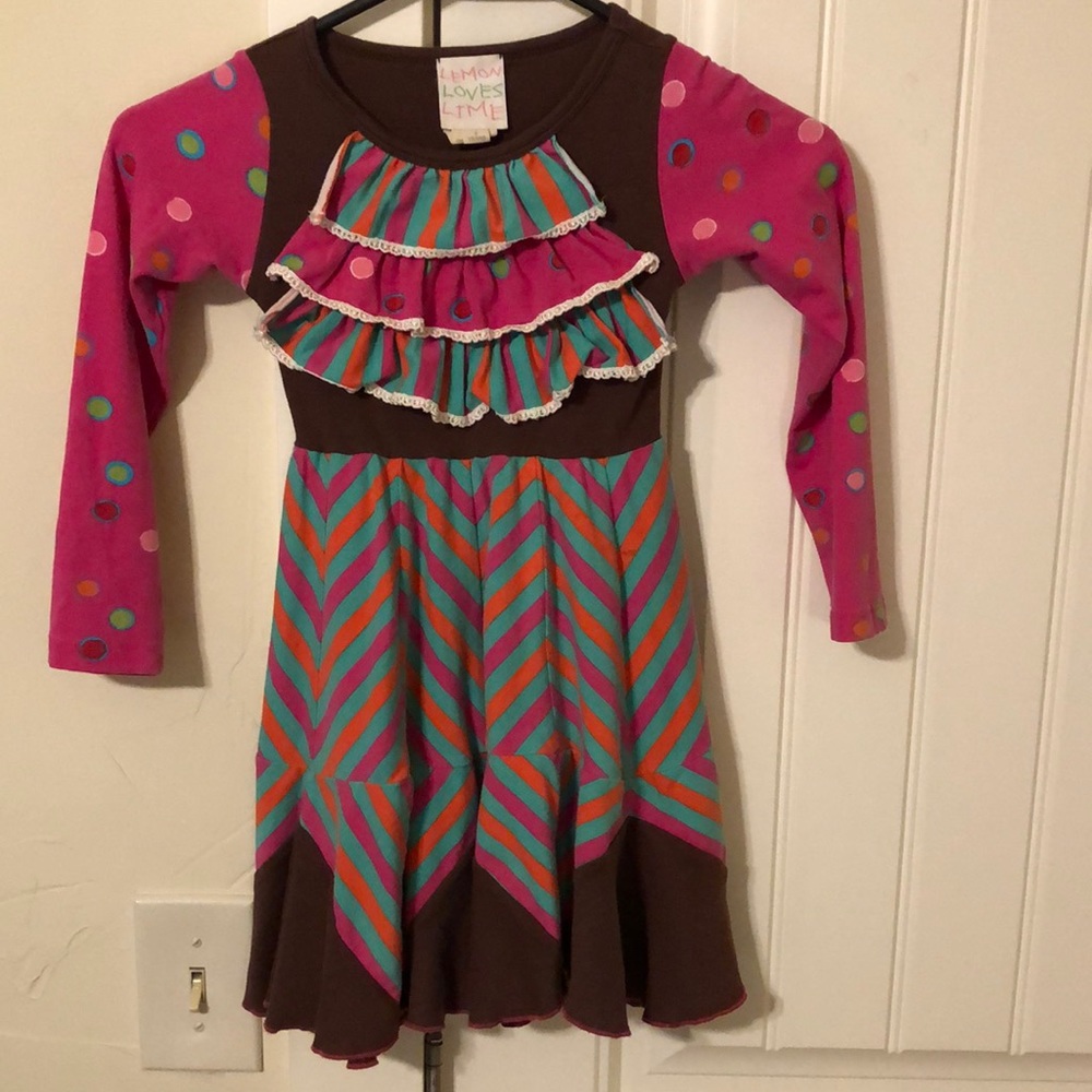 Lemon Loves Lime Size 5 multicolor chevron stripe top ruffles & bottom flounce